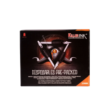 Låda med 20st blandade Killer Ink Engångsgrepp / Tipp 25mm Tuber Färdigpackad med Bug Pin 0.25MM Nålar
