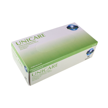 Ram med 100 Krämfärgade Unicare Latex handskar