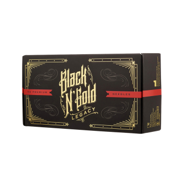 Låda med 50 Black N Gold Legacy Premium tatueringsnålar - Straight Round Liner