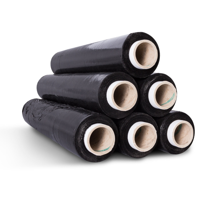 Set of six black pallet stretch shrink wrap rolls 400mm by 200m