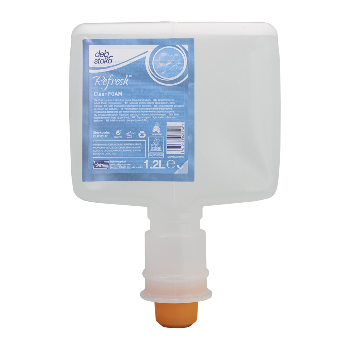 Désinfectant à base d’alcool Deb Stoko Refresh Clear Foam Soap Cartouche 1,2 L, flacon rectangulaire transparent avec étiquette bleue, embout de distribution orange et bouchon blanc, présenté verticalement avec étiquette visible.