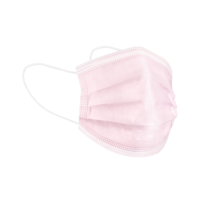 Boîte de 50 masques jetables Killer Beauty rose pâle avec boucles auriculaires blanches, plissés permettre l’expansion et assurer une couverture complète, présentés sur fond blanc.