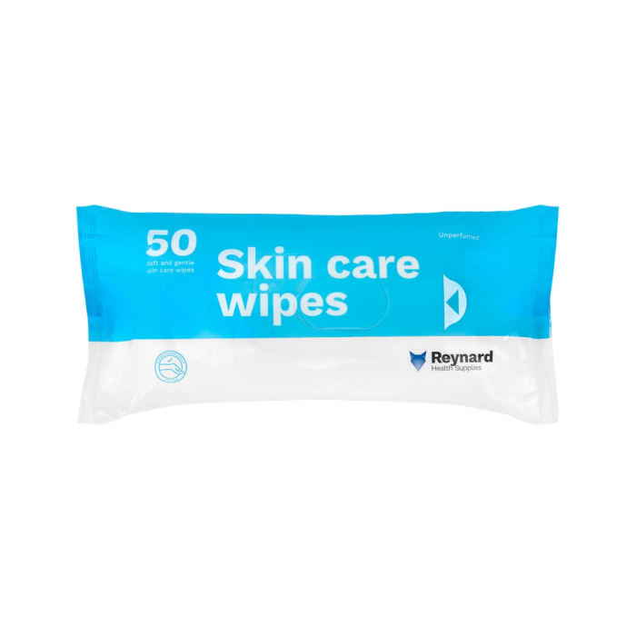 Paquet de 50 lingettes Skin Care Wipes, doux et sans parfum, dans un emballage rectangulaire bleu et blanc refermable.