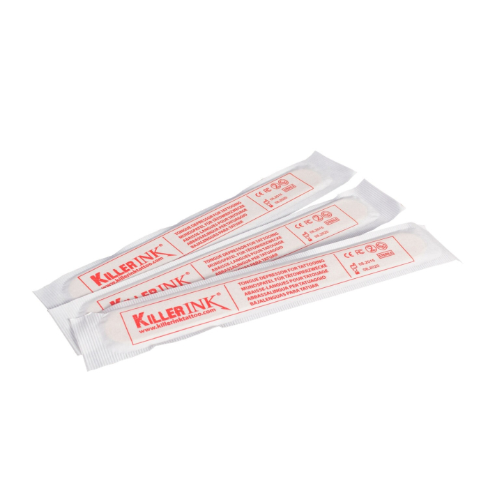 Individually wrapped Killer Ink sterile tongue depressors for tattooing.