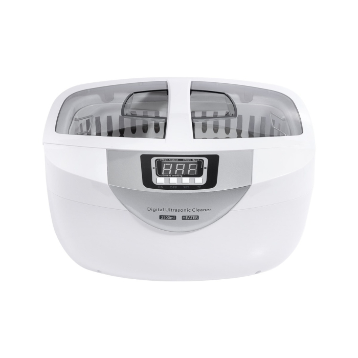Le nettoyeur ultrasonique 2,5 L (EU Lead) est un appareil numérique blanc avec couvercle transparent, boutons de commande en façade, affichage numérique et panier amovible pour les objets à nettoyer.
