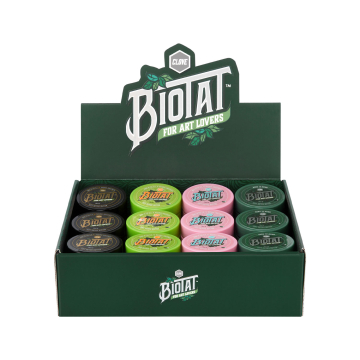 Låda med 12 BIOTAT blandade mjuka tatueringssmör 50 ml studiodisplay