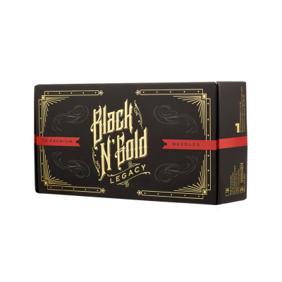 Låda med 50 Black N Gold Legacy Premium tatueringsnålar - Straight Round Liner