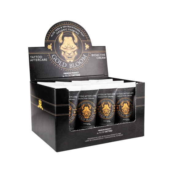 Aloe Tattoo Gold Bloom Display av tuber med eftervård som har ny sammansättning 12x 30 g