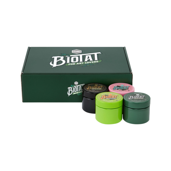 Låda med 12 BIOTAT blandade mjuka tatueringssmör 50 ml studiodisplay