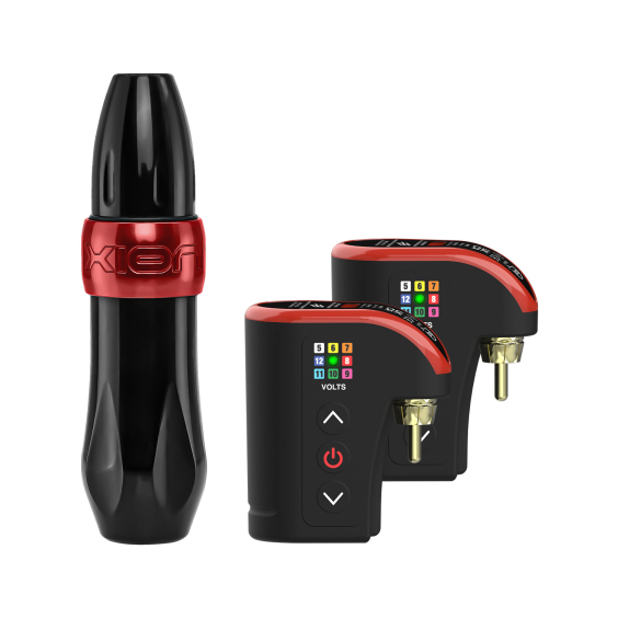 FK Irons Spektra Xion Rotary Maskin i svart/rubinröd & Darklab: Lightning Bolt Wireless RCA Battery Pack - dubbelpaket