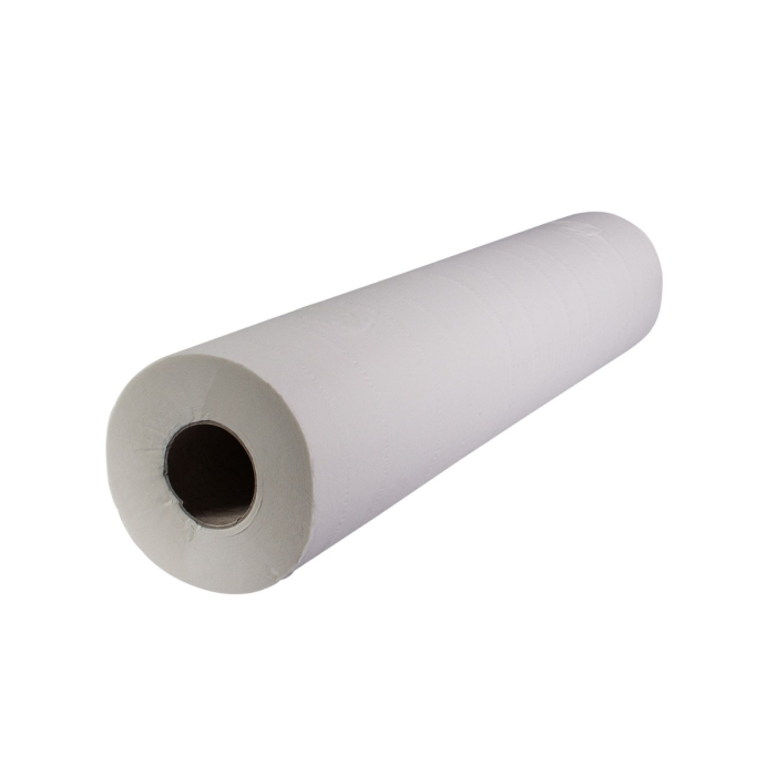 Un grand rouleau blanc de Draps d'examen en papier double épaisseurs (50 CM x 50 M) avec une âme en carton creux est présenté sur un fond blanc.