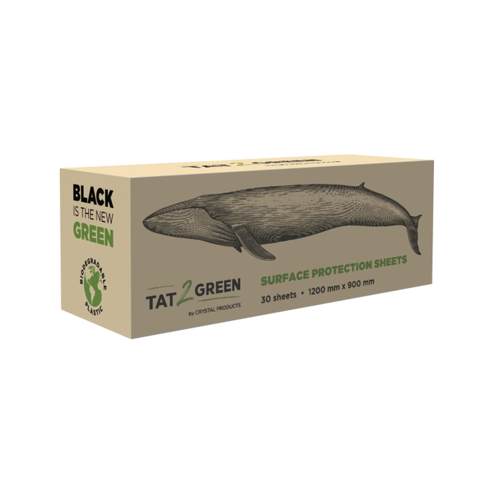 Une boîte étiquetée « Boîte de 30 Tat2Green - Toiles de Protection Noires - 1200 mm x 900 mm », contenant 30 feuilles de protection de surface noires (1200 mm x 900 mm chacune), décorée d’une illustration de baleine et de la mention « BLACK IS THE NEW GRE