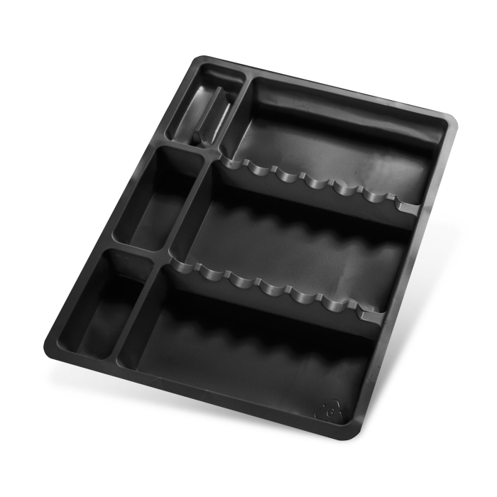 Black disposable instrument tray with multiple compartments for medical tools