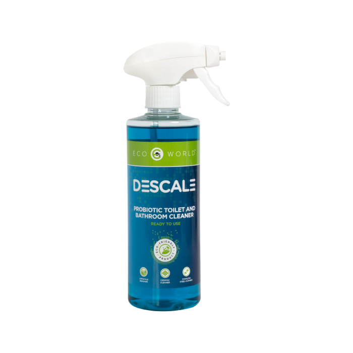 Un flacon pulvérisateur de 500 ml de Eco World Descale – Nettoyant probiotique prêt à l’emploi pour toilettes et salle de bains, contenant un liquide bleu, avec étiquette verte et bleue et buse à gâchette blanche.