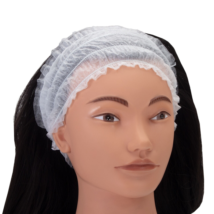 Un mannequin aux longs cheveux noirs porte un paquet de 100 bandeaux jetables Killer Beauty, idéal pour l'hygiène dans les environnements médicaux ou ou alimentaires.