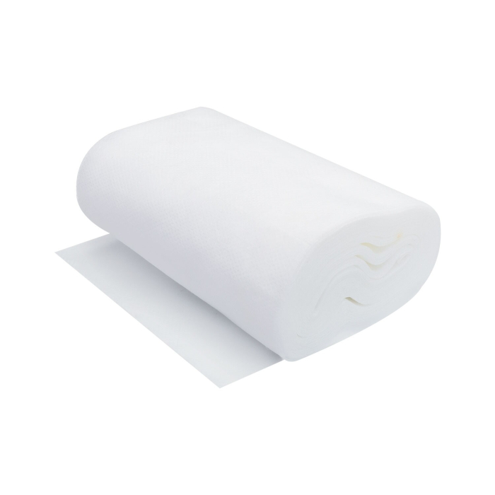 Un grand rouleau de Recharge Lingette de Sige de toilette Supernova se déroule sur un fond blanc, mettant en valeur son tissu non tissé blanc doux et légèrement matelassé.