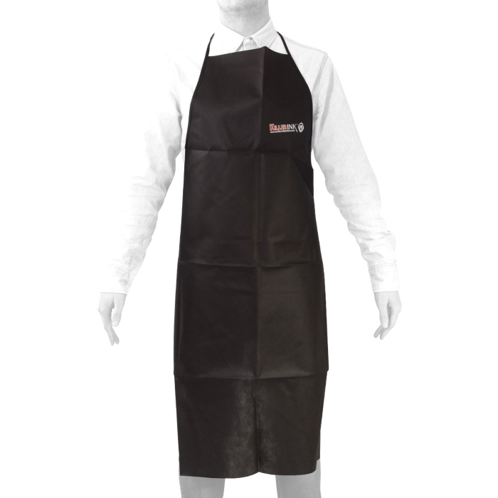 Man wearing black Killer Ink waterproof apron over white shirt, front view