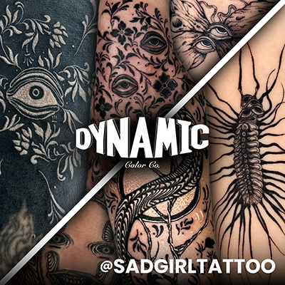 Ett collage av läkta tatueringar gjorda med Dynamic Tattoo Ink av Sad Girl Tattoo (Jasper Jarvis)