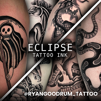 Ett collage av läkta tatueringar gjorda med Eclipse Tattoo Ink av Ryan Goodrum