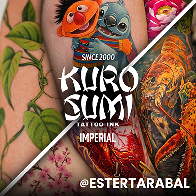 Ett collage av läkta tatueringar gjorda med Kuro Sumi Imperial av Ester Tarabal