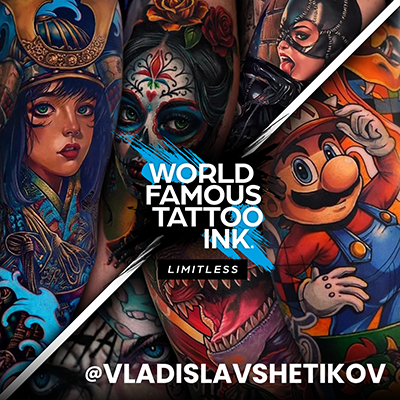 Ett collage av läkta tatueringar gjorda med World Famous Tattoo Ink av Vladislav Shetikov